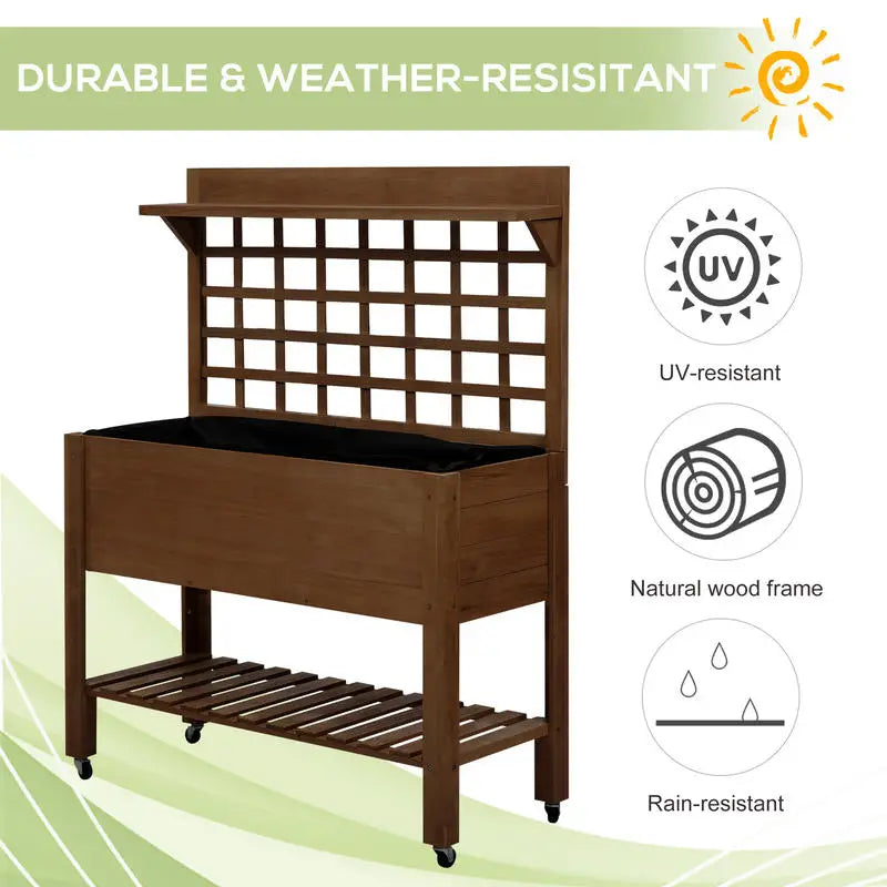 41" Raised Garden Bed Mobile Elevated Wooden Planter Box Stand with Wheels, Trellis and Storage Shelf, Dark Brown