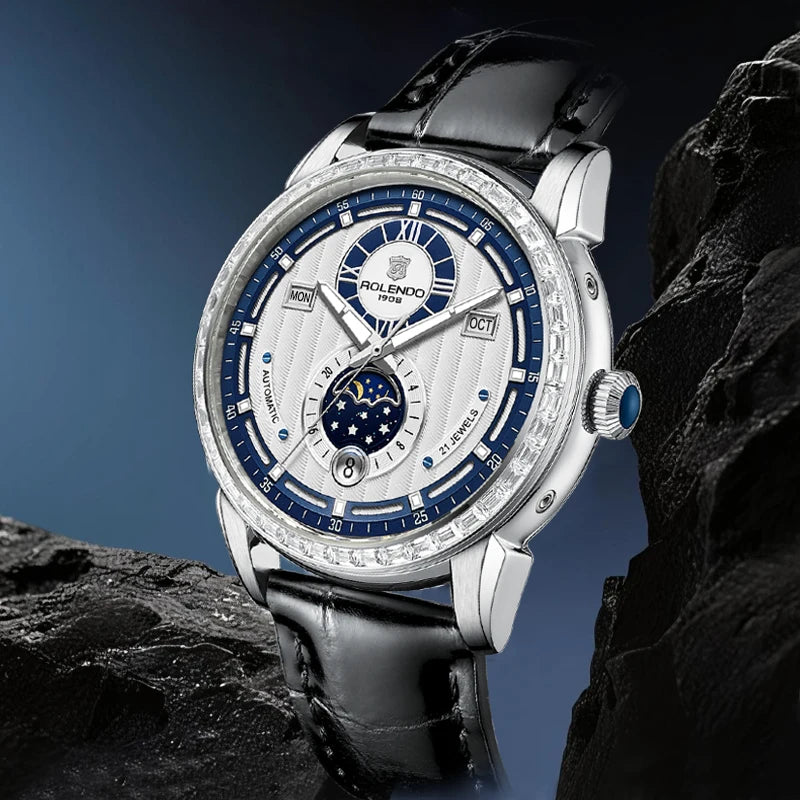 ROLENDO High-end Diamond-set Automatic Watch for Men 43mm Mineral Crystal Luminous Full Calendar Leather Strap 5ATM Luxury Gift