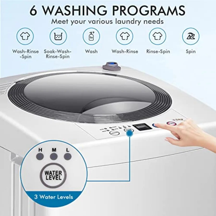 Portable 8Lbs Ccity Full-Automatic Washing Machine with 6 Wash Programs LED Display 3 Water Levels Compact Laundry Washer Dryer