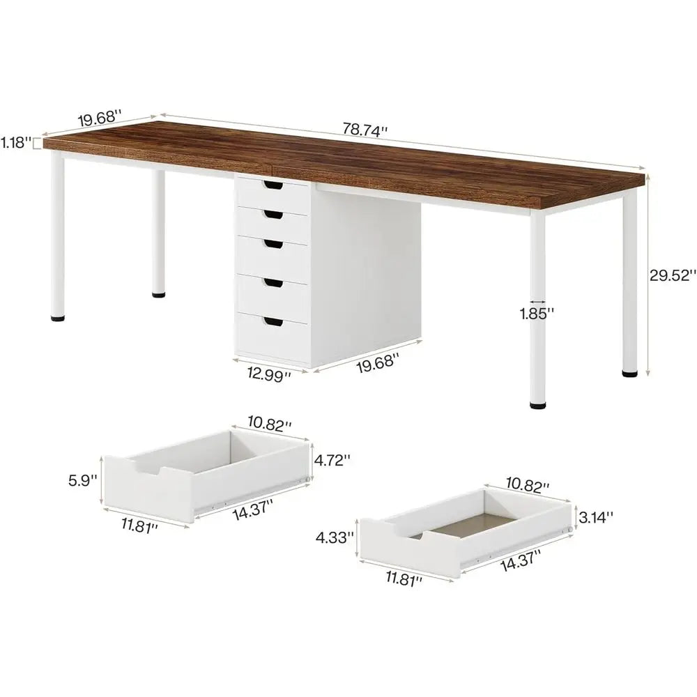 5 Drawers, 78.7 Long Double Office Desk, Modern Simple Double Computer Desk Study Writing Table Workstation for Home Office (Bro