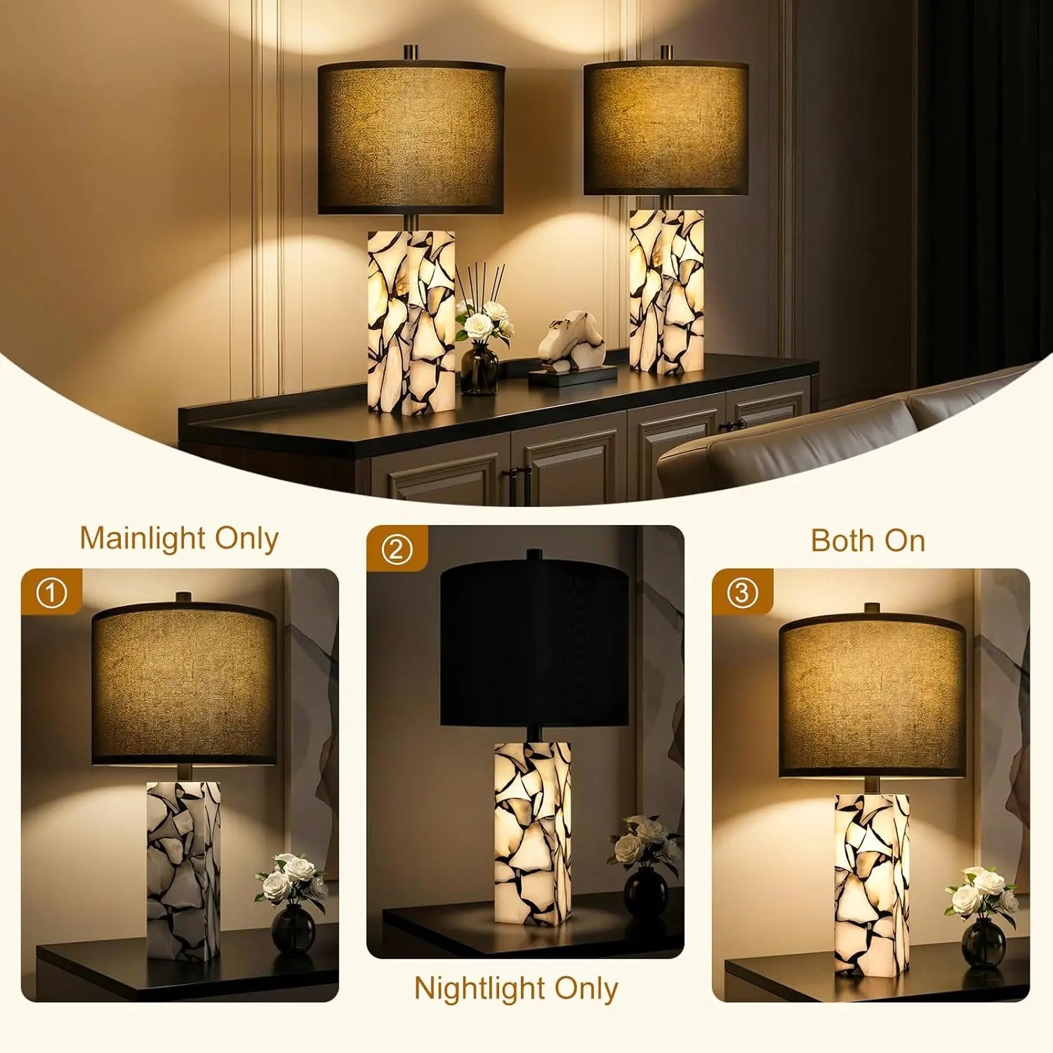 Modern Black Table Lamp Set of 2 with Night Light, Rotary Switch, Linen Shade for Living Room Bedroom Office (Bulb Included)