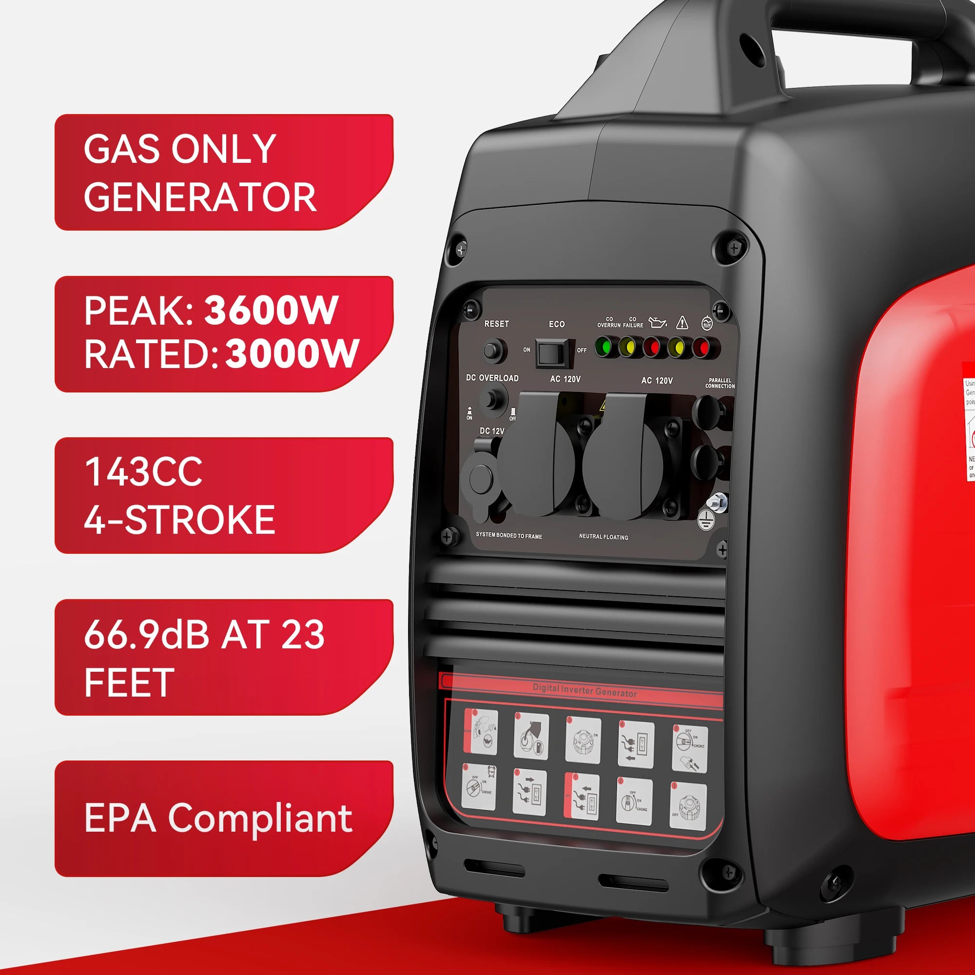 3600W Portable Inverter Generator operating power 3000W, EPA, Ultra Quiet, CO Alarm, Camping RV Home Emergency Power