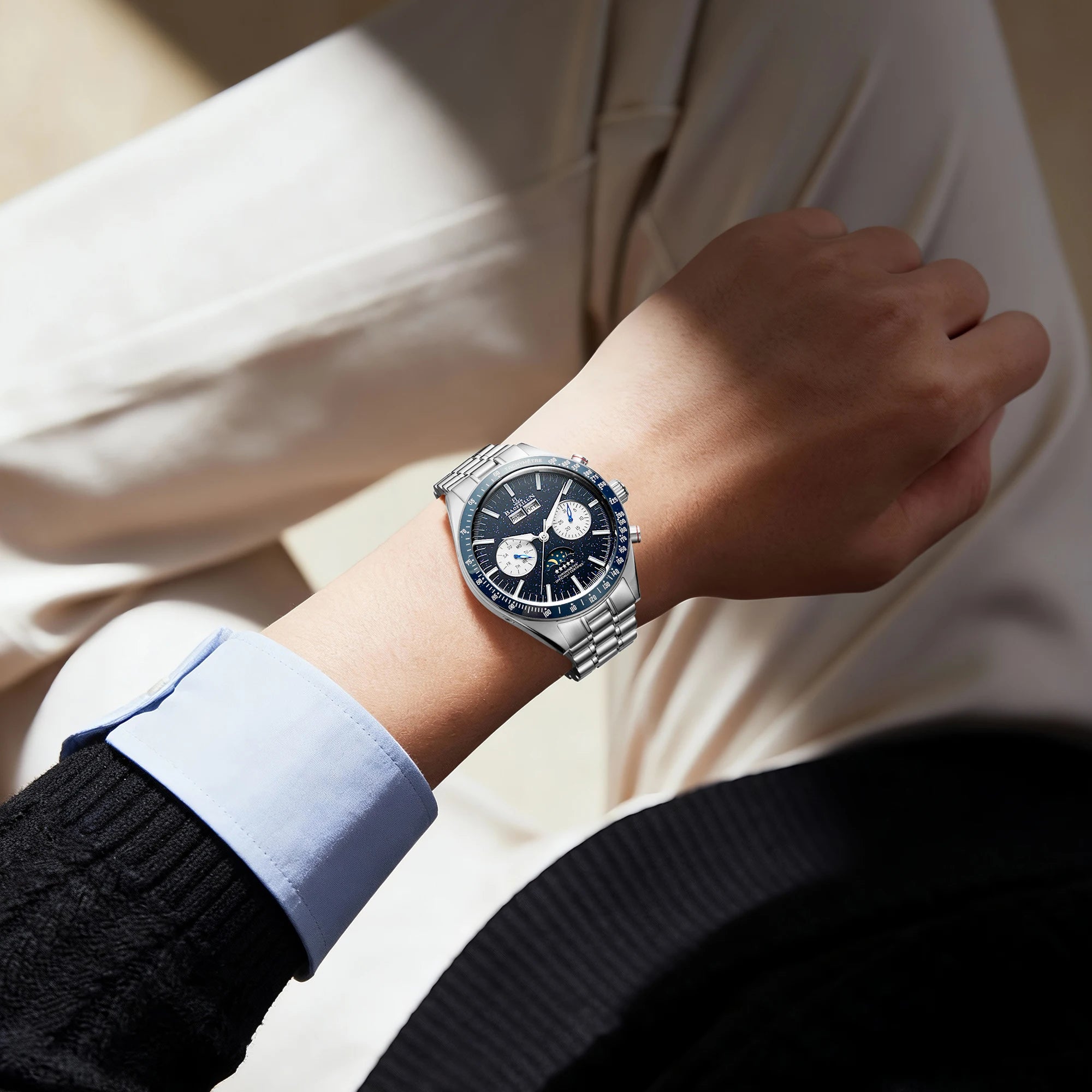 BAOFEILUN Moons Automatic Watches for Men Full Calendar 42MM Galaxy Dial Mineral Crystal 30M Waterproof Luxury Reloj Hombre Gift