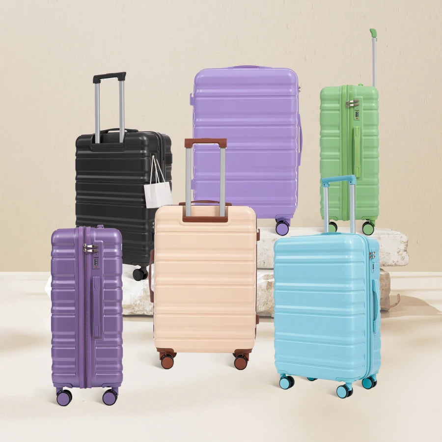 Travel luggage set for tourists: 20/24/28 ABS spinner wheel suitcases with carry-on size, matching blue color, and combination