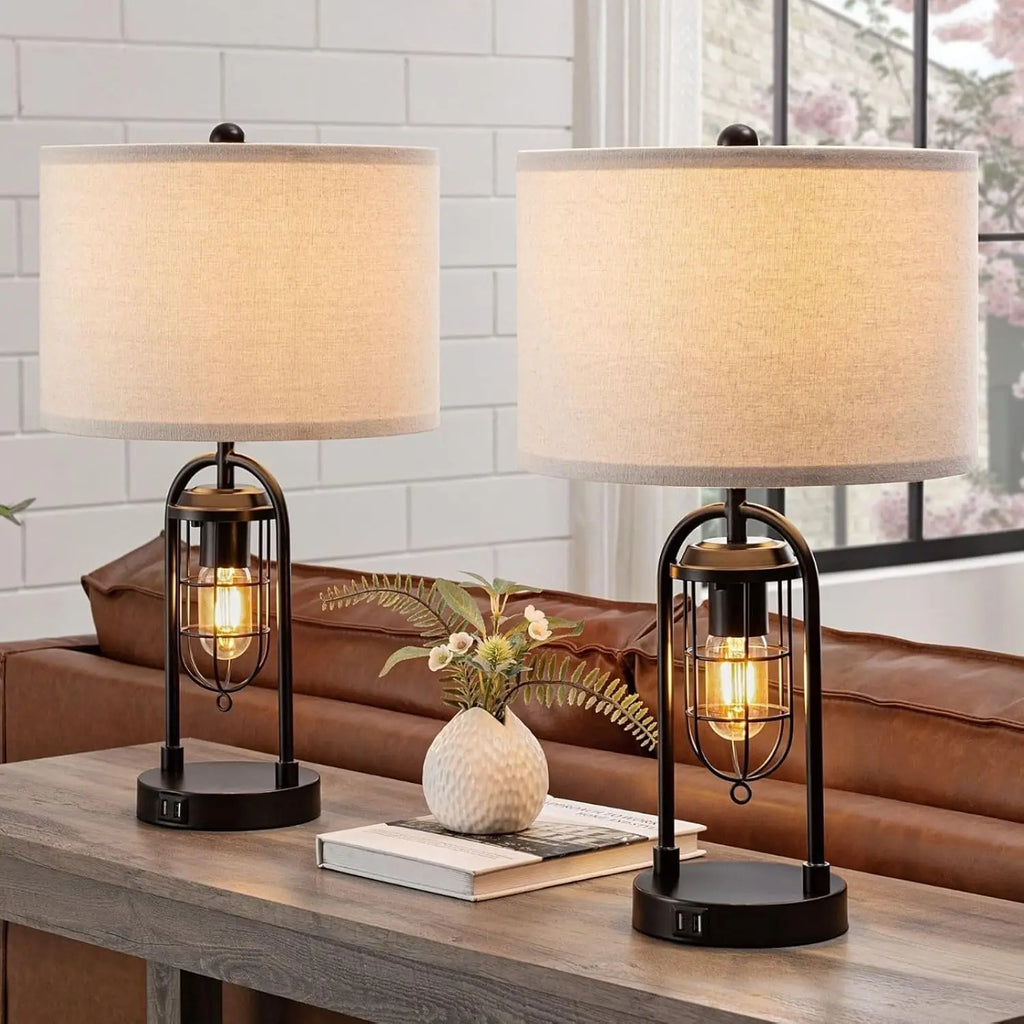 Set of 2 Modern Table Lamps with USB Ports and Night Light for Living Room Bedroom (Bulbs Included)