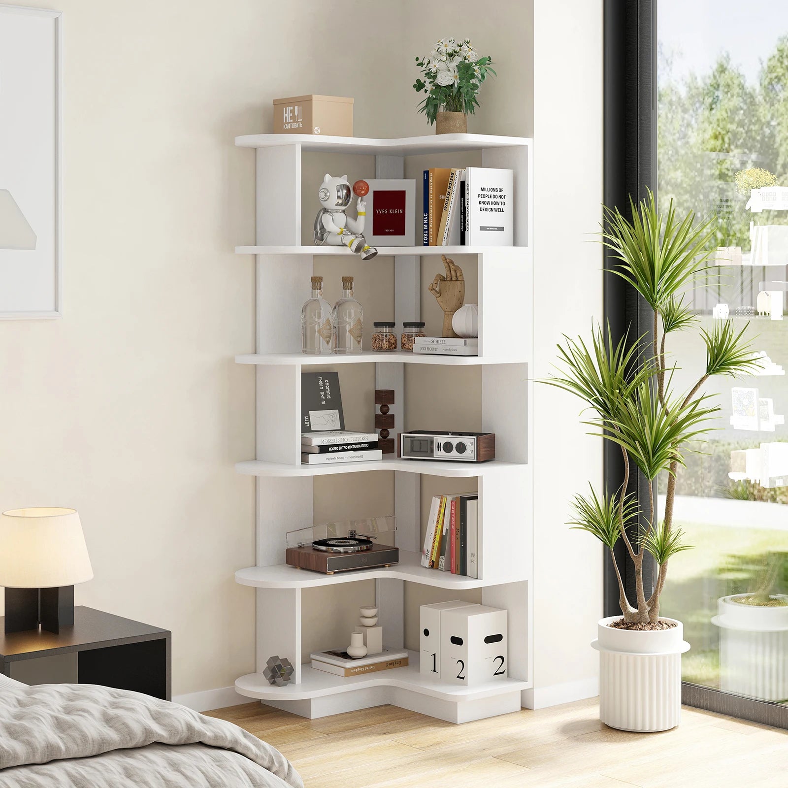 Farini Corner Bookshelf – White, Space-Saving Storage Shelf for Living Room & Home Office