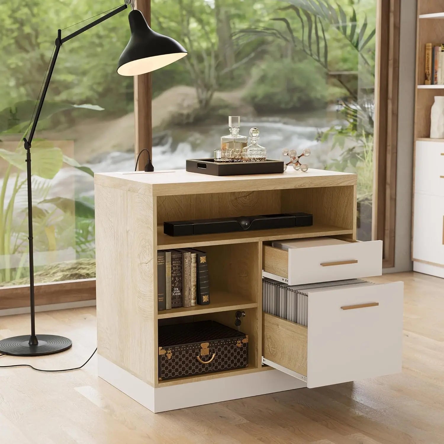 2 Drawer Wood File Cabinet, Filing Cabinet for Home Office with Lock, Power Outlets, Storage Shelves, Lateral File, Customized