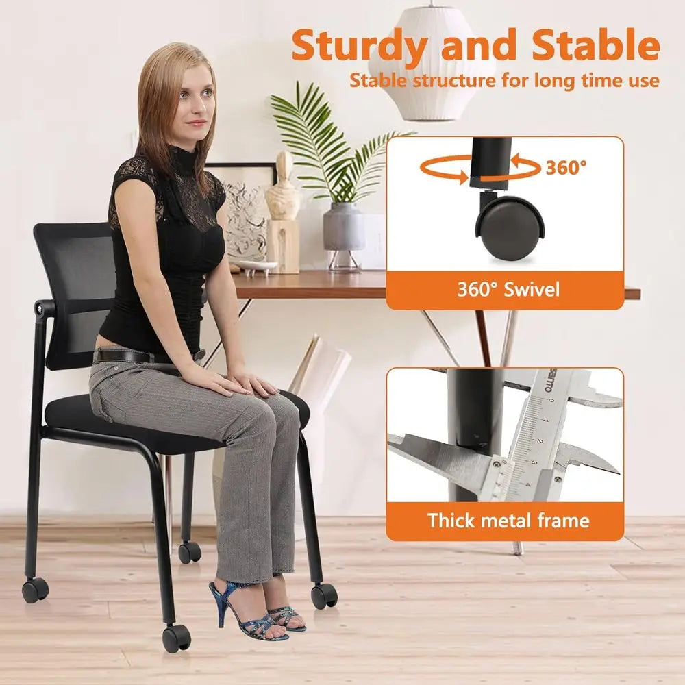 Adjustable Mesh Backrest Stacking Office Chair with Wheels, Ergonomic Lumbar Support, Leather Seat Cushion for Conference, Lobby