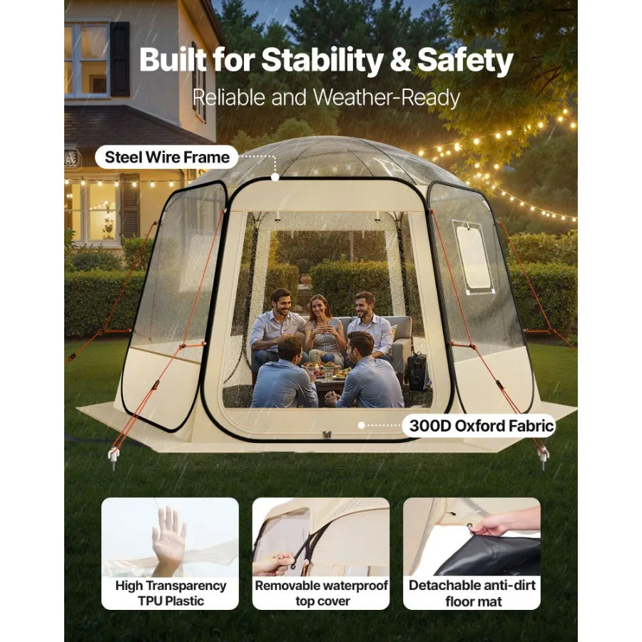 Pop up Bubble Tent for outdoor garden and patio use, made of waterproof UV-resistant clear PVC, transparent color, 540 panorami