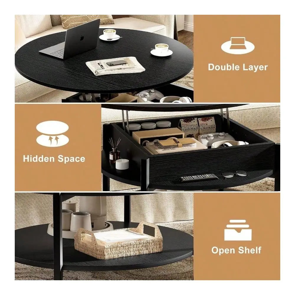 Desk, Round Lift Top Coffee Table With Wheels, Circle Center Table With Storage And Compartment, 26.77 Rolling Coffee Table Liv