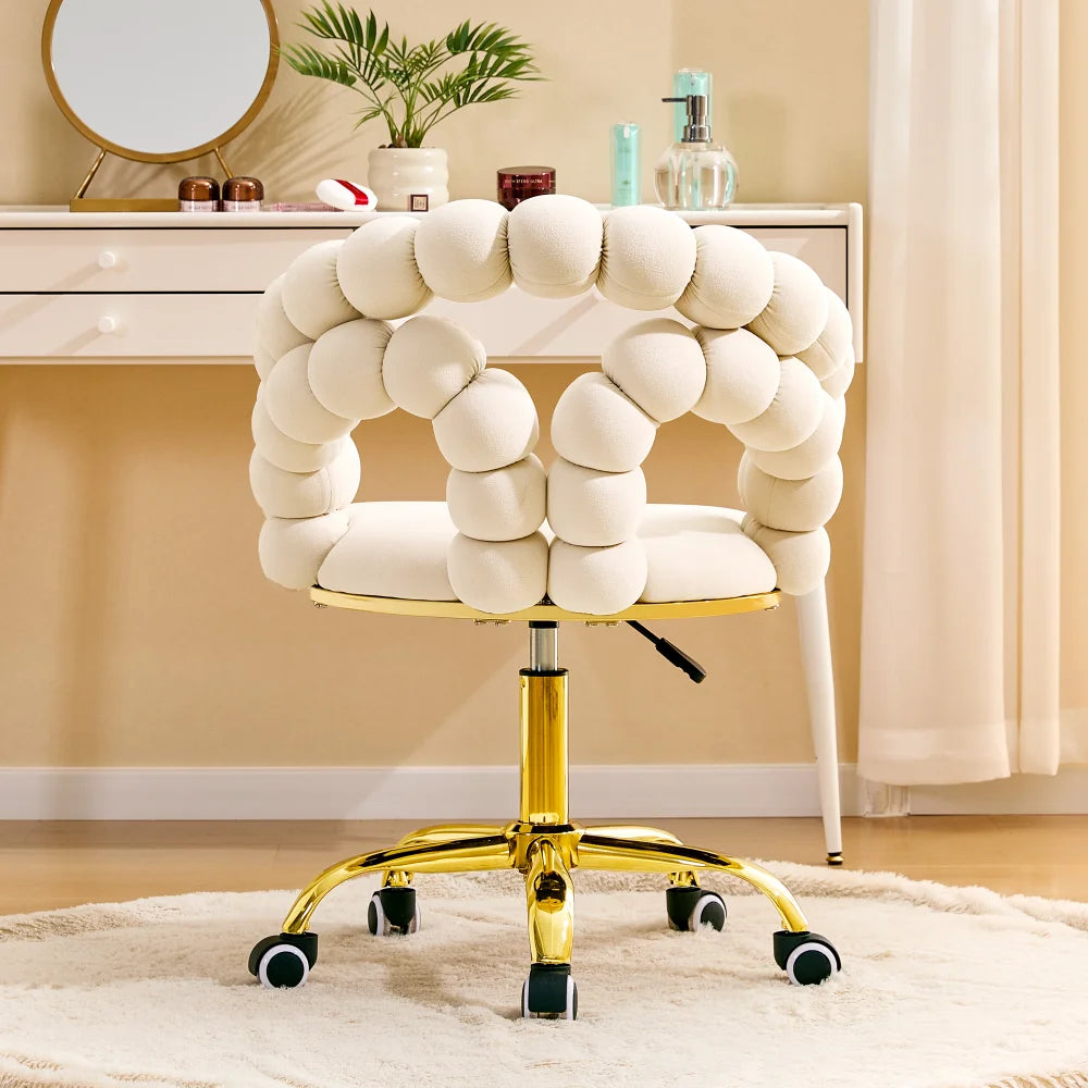 Modern Velvet Adjustable Swivel Desk Chair with Bubble Back, Upholstered Vanity Chair with Gold Metal Base, Rolling Office Chair