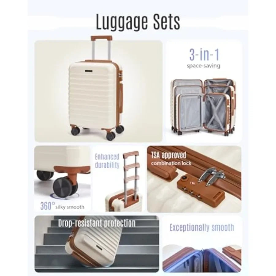 LIGHT FLIGHT 3 Piece Hardside Luggage Set with Spinner Wheels Lightweight White Suitcases for Checked Travel 20/24/28 Inch TSA