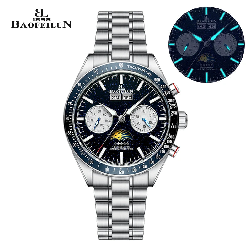 BAOFEILUN Moons Automatic Watches for Men Full Calendar 42MM Galaxy Dial Mineral Crystal 30M Waterproof Luxury Reloj Hombre Gift