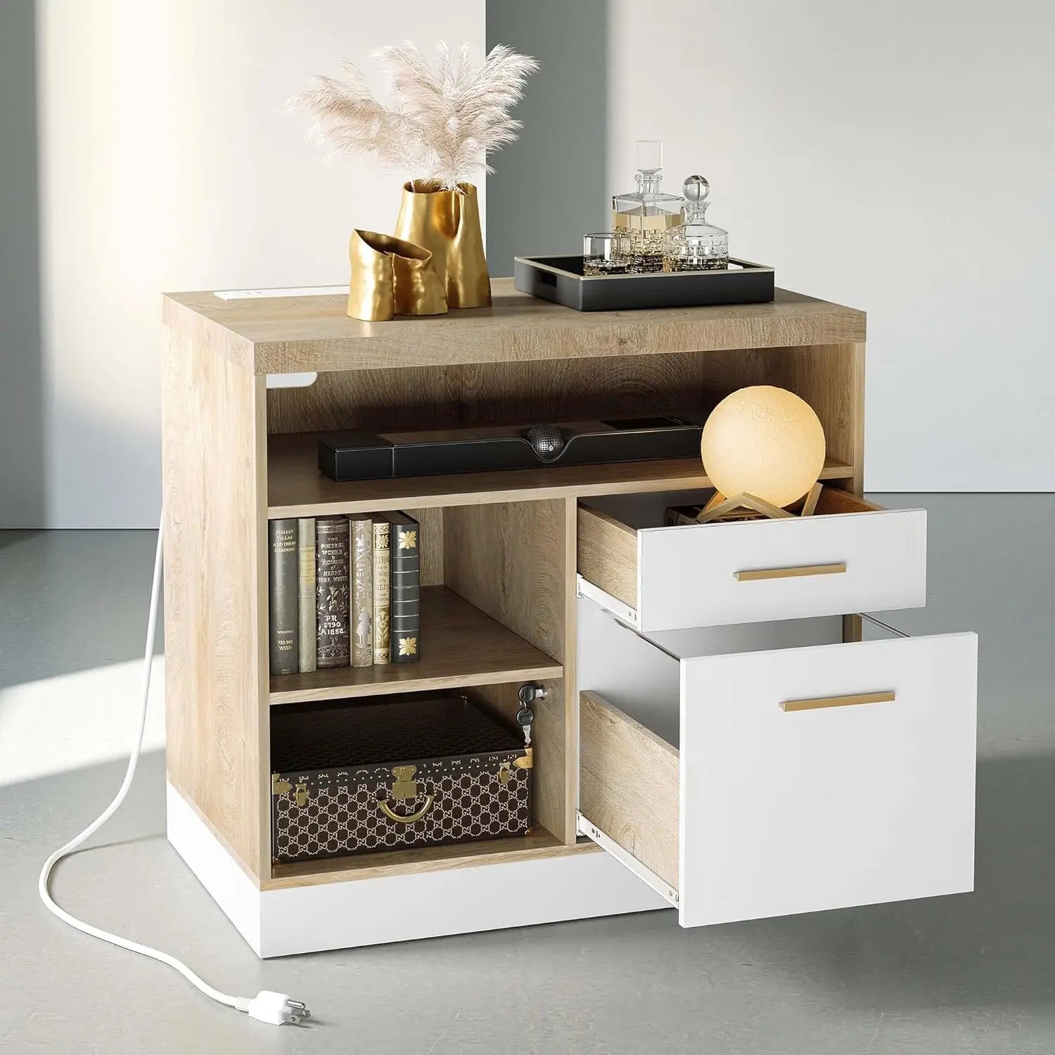 2 Drawer Wood File Cabinet, Filing Cabinet for Home Office with Lock, Power Outlets, Storage Shelves, Lateral File, Customized
