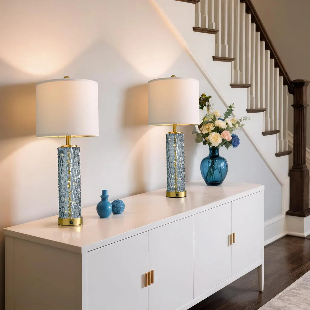 Set of 2 Blue Modern Table Lamps with LED Night Light, USB Ports for Living Room and Bedroom (Bulbs Included)