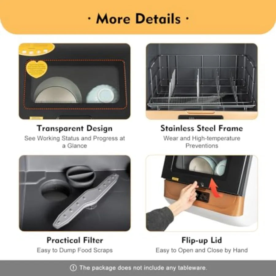 Portable Mini Dishwasher for Apartments RV with 7.8L Water Tank 3 Programs 70 High-Temp Wash Residual Temperature Air-Cooled Dr
