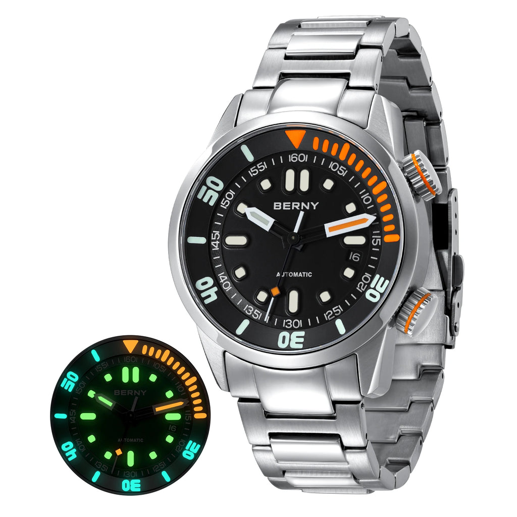 BERNY Automatic Dive Watch for Men Super Luminous Original Design 20ATM Diver Wristwatch Sapphire, Local Warehouse Fast Delivery