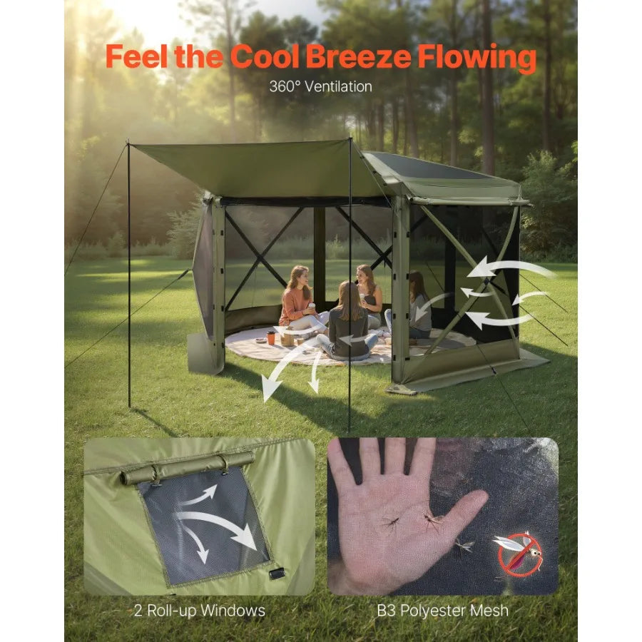 10 x 10 ft Pop Up Gazebo Screen Tent 6-Sided Large Camping Canopy with Removable Top Carry Bag Quick-Set Bite-Proof Green Sun S