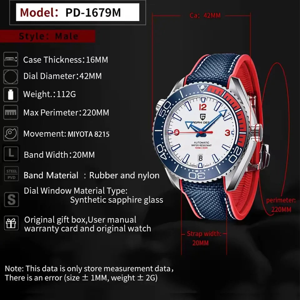 PAGANI DESIGN Classic Men Mechanical Automatic Watch 42MM Sapphire Glass Ceramic Bezel Stainless Steel Sports Watches for men