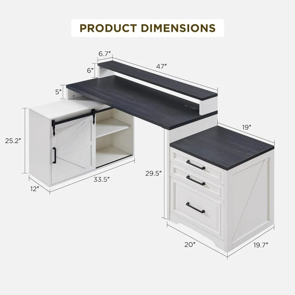 Home Office Desk, Modern Farmhouse Computer Desk with File Cabinet Letter T4 F4 Legal, Study Writing Desk, 67 Inch, Off White