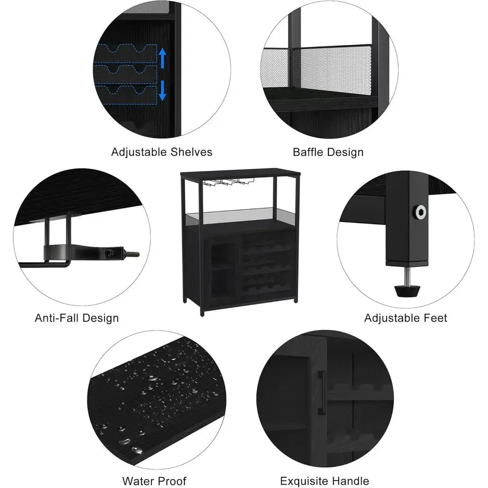 Industrial-Style LED-Lit Wine & Liquor Cabinet with Removable Glass Rack and Mesh Door, Black