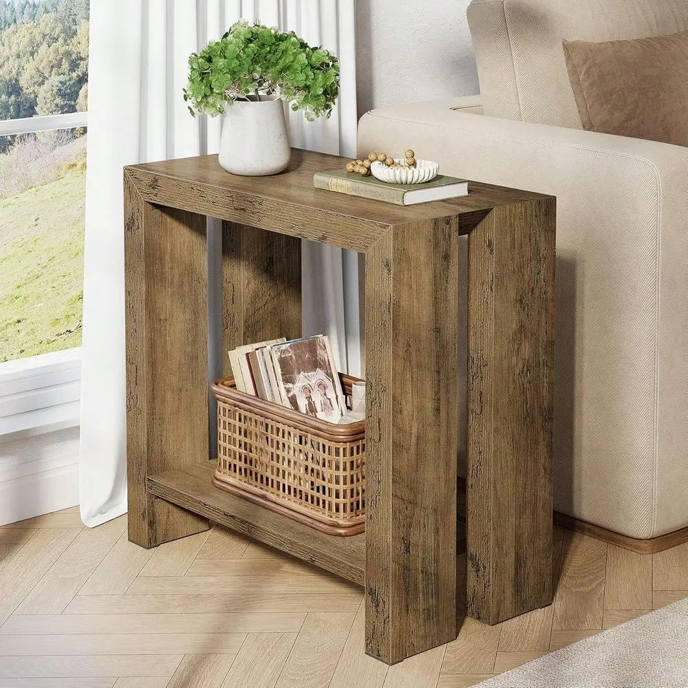 Narrow Side Table, Farmhouse Wooden Sofa End Table With Bottom Shelf, Skinny Accent Nightstand For Small Space, Living Room, Be
