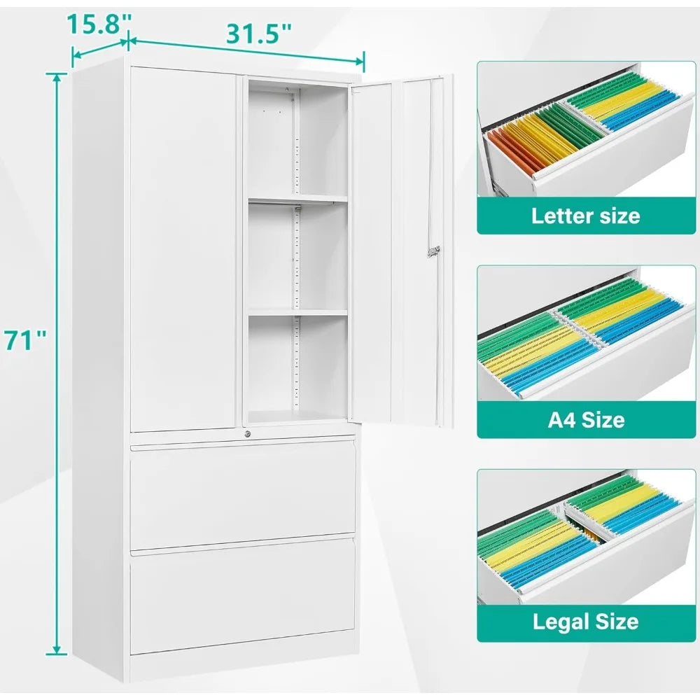 White 2-Drawer Locking Lateral File Cabinet with Shelf, 71 Storage Cabinet for Secure Metal Filing