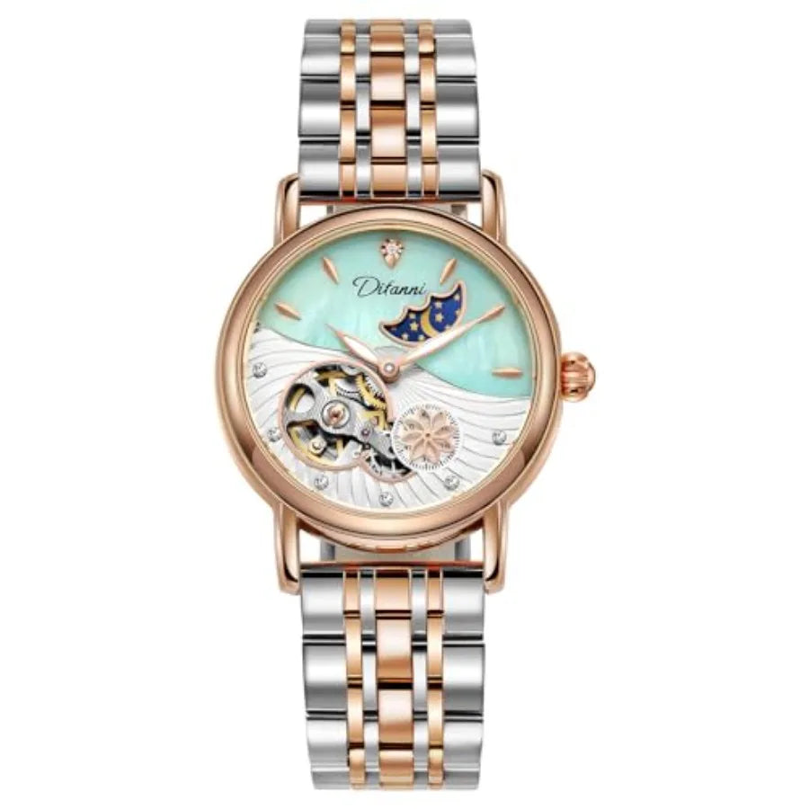 Womens Automatic Mechanical Stainless Steel Moonphase Watches Leather Strap Self-Winding Pearl Skeleton dial Waterproof Ladies