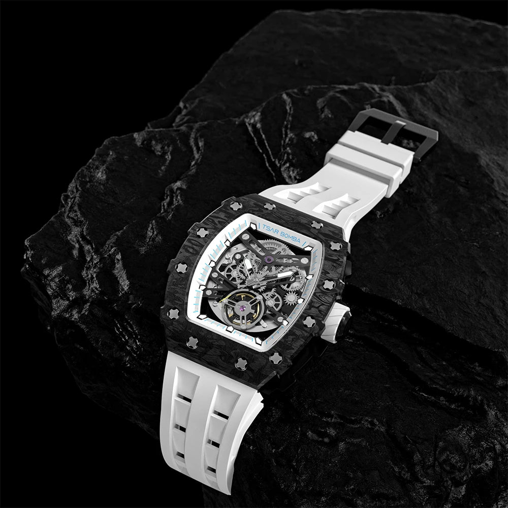 TSAR BOMBA 2022 Luxury Mens Automatic Watch Waterproof Carbon Fiber Clock Tonneau Skeleton Mechanical Wrist Watch for Men