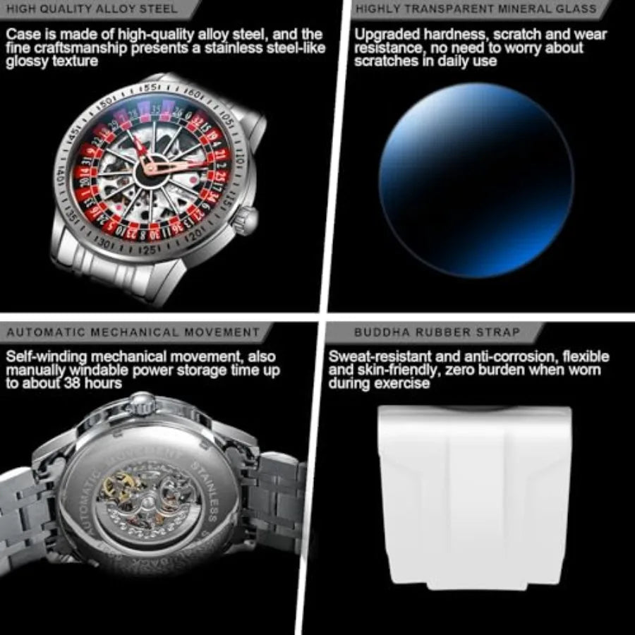 Men's Watch Automatic Hollow Mechanical Roulette Wheel Design 30M Waterproof Casual Fashion Wristwatches for Men
