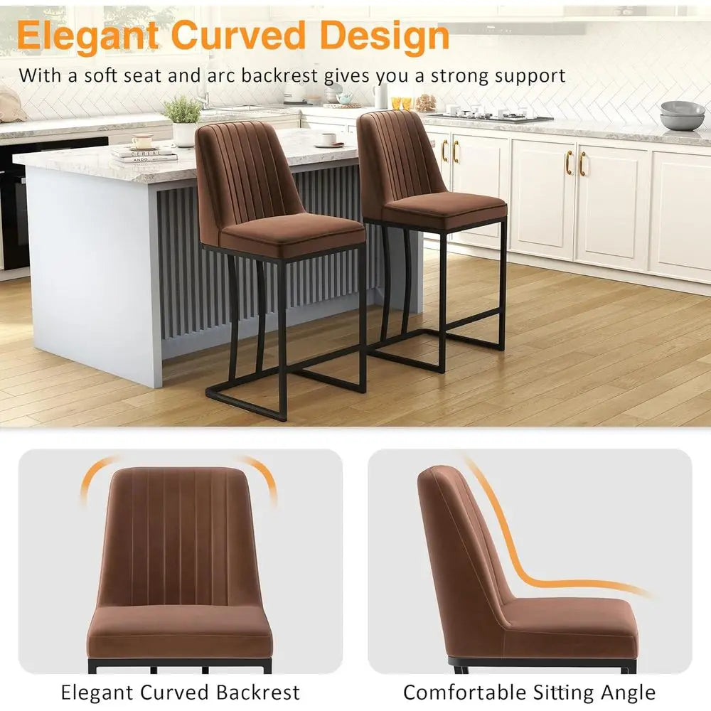 Set of 4, 24.8 Velvet Upholstered Counter Height Bar Stools with Footrests and Black Metal Legs, Brown