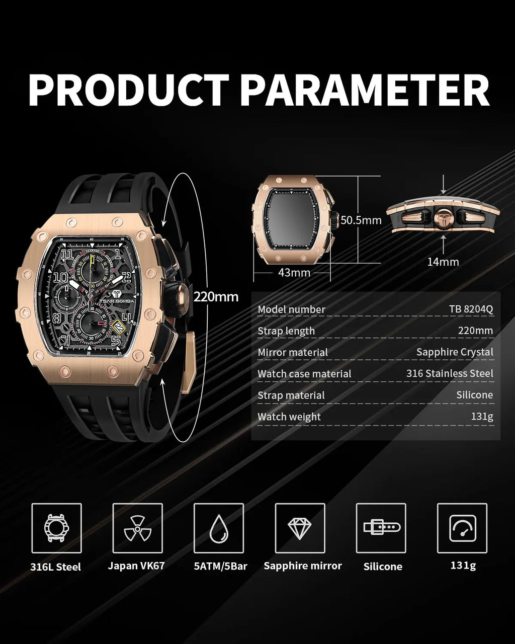 TSAR BOMBA Elegant Men's Quartz Watch — 50M Water-Resistant, Luxury Tonneau-Shaped Wristwatch with Date Display — An Ideal Gift