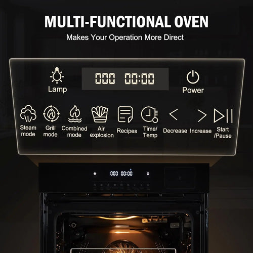 24Inch 70L Built-in Steam Oven, 240V 3000W Touch Control Air Fry Function 108 Smart Menus Wall Oven for Kitchen Baking Roasting