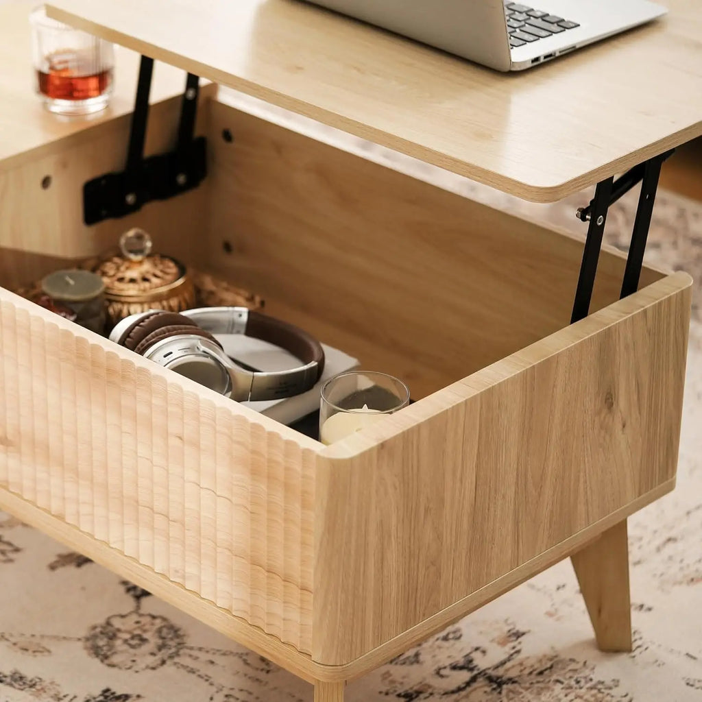 Fluted Lift Top Coffee Table with Storage, Modern Design for Living Room and Home Office