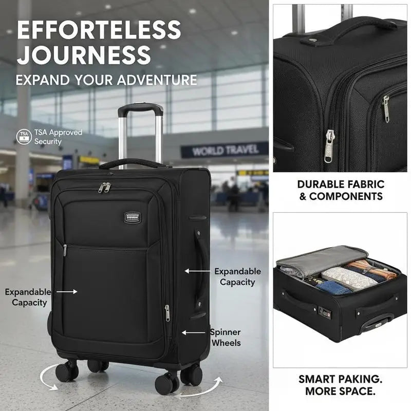 Expandable Softshell Trolley 24-Inch For Business Travel Family Vacation Overseas Study, Medium Checked Suitcase Built-in TSA Lock Multi-directional Spinner Wheels Black Polyester Fabric