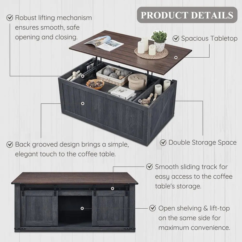 48 Large Coffee Table with Sliding Barn Door, Rustic Wood Design, Double Storage Spaces, Gray Living Room Furniture