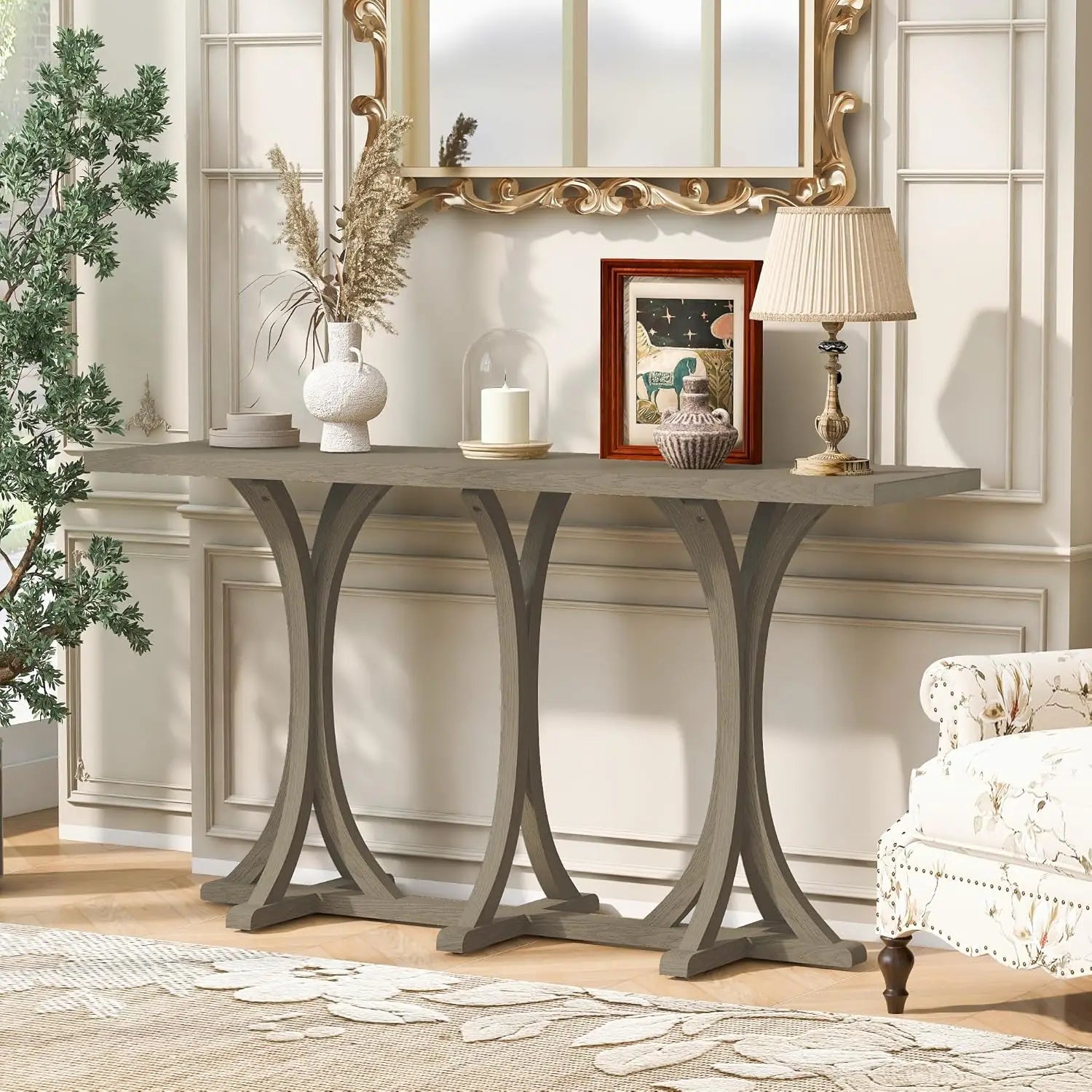 V-Shaped Base Console Table Natural Wood Veneer Entryway Hallway Living Room 59.8" W X 14.2" D X 33.8" H, Customized