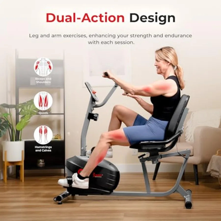 Smart Magnetic Recumbent Bike for Home Cardio Training in Black with SunnyFit App Connectivity Optional Hand Cycle Resistance B
