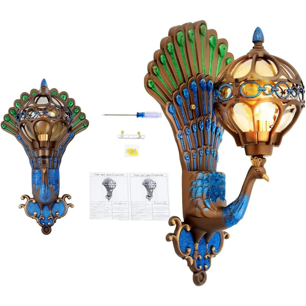Antique Peacock Wall Lamp,Exterior Wall Light Fixture LED Phoenix Wall Sconce Vintage Peacock Rustic Exterior Wall Light Sconce