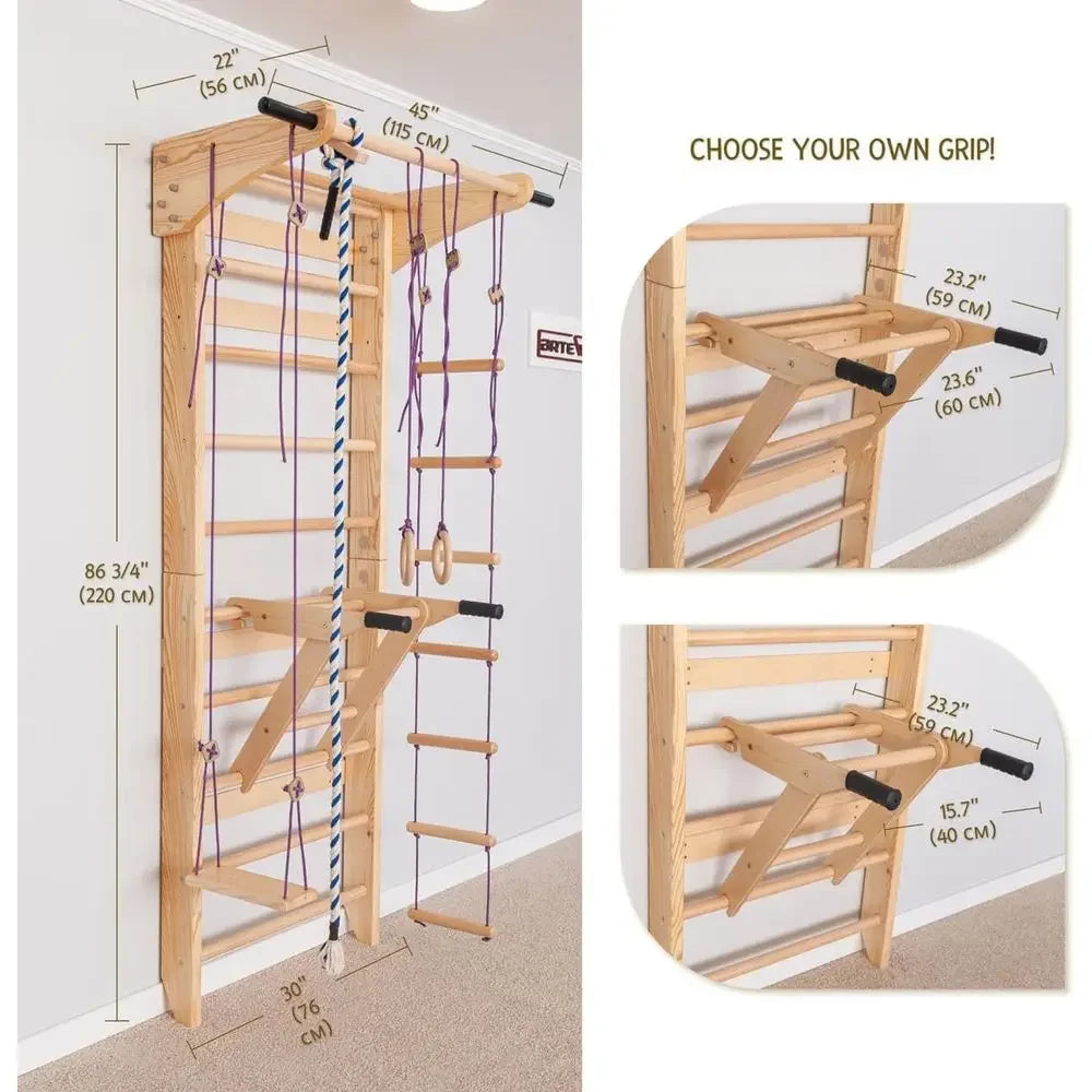 Wooden Wall Ladder with Pull-Up and Dip Station - Multifunctional Home Gym Equipment for Strength and Stretching
