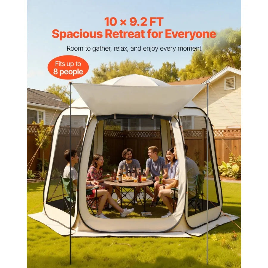Screen House Tent 10 x 9.2 ft Beige 4-8 Person Pop Up Screened Canopy with Extended Awning Netting Sides Portable for Patio Bac