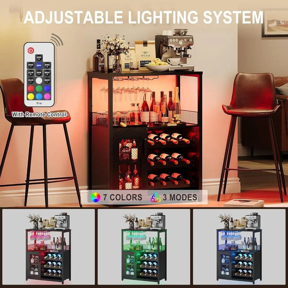 Industrial-Style LED-Lit Wine & Liquor Cabinet with Removable Glass Rack and Mesh Door, Black