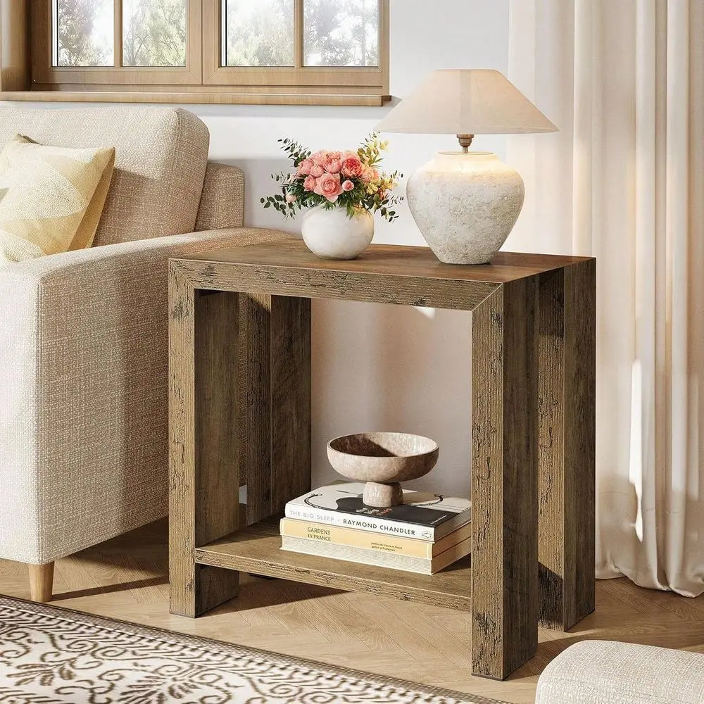 Narrow Side Table, Farmhouse Wooden Sofa End Table With Bottom Shelf, Skinny Accent Nightstand For Small Space, Living Room, Be