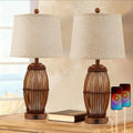 27" Vintage Bamboo Woven Table Lamps Set of 2 with Nightlight, USB A+C Ports and Bulbs Included for Bedroom Living Room