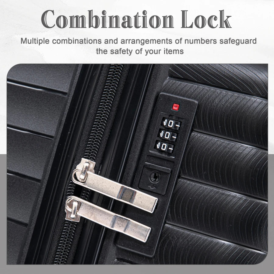 Carry on suitcase set for travel: PP spinner wheel luggage in black, 14/20/24/28, iron pull rod, combination password lock, inc