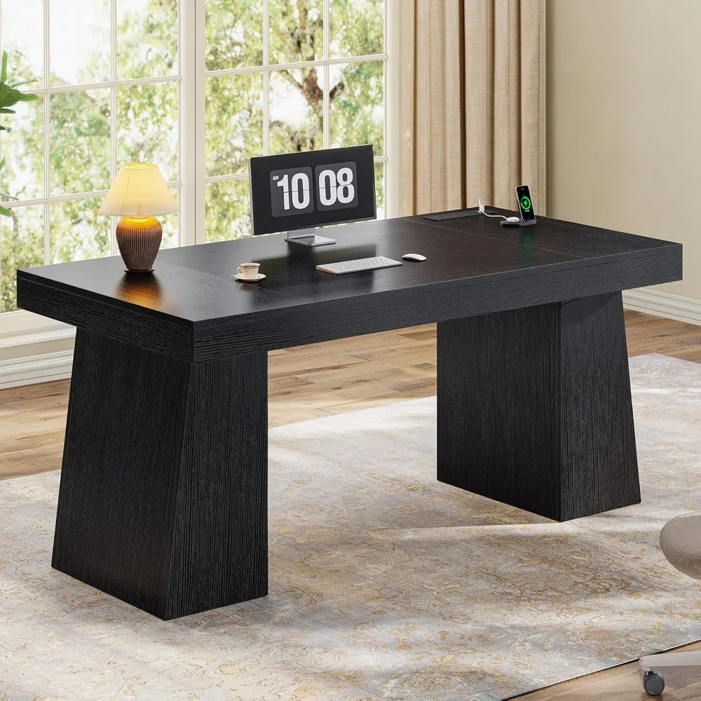 55.9 in Executive Desk with Power Outlets, Modern Home Office Desk with Storage Cabinet, Wood Computer Desk Business Workstation