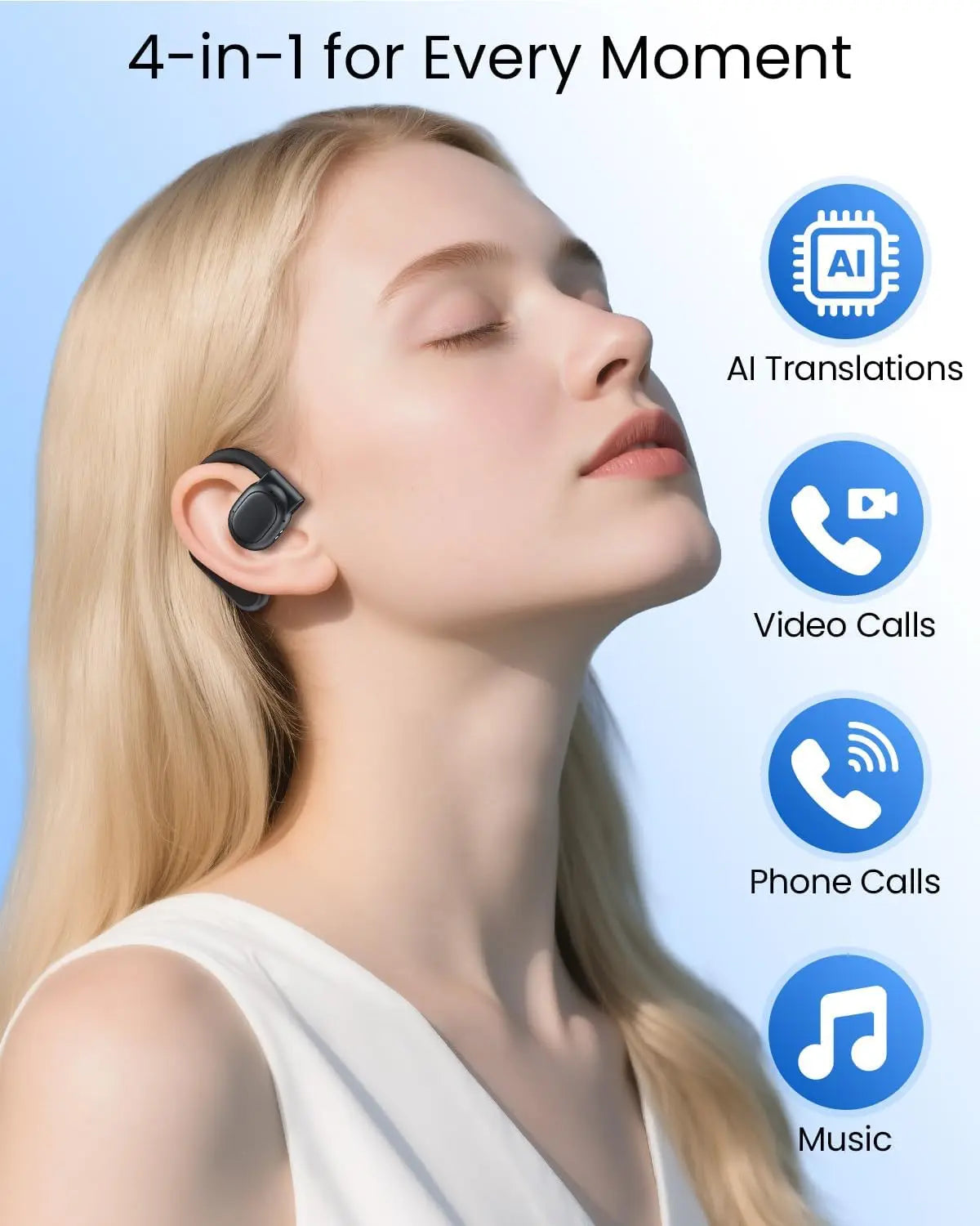 AI Translation Earbuds Real Time 164 Languages 80H Playtime Wireless Bluetooth for Travel Meeting Learning Black