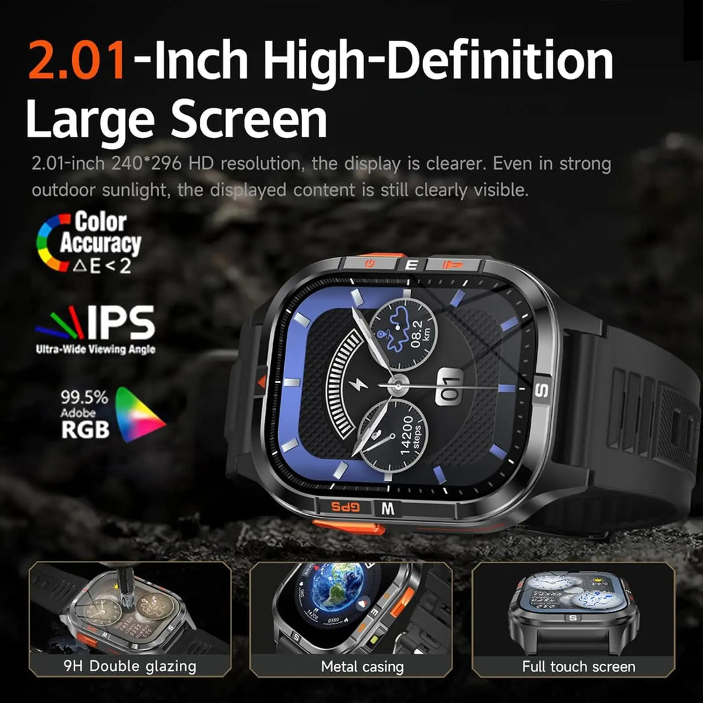 Military GPS Smart Watch with Compass, Altitude, Flashlight, HD Screen, Voice Assistant, Bluetooth Calling for Android iOS