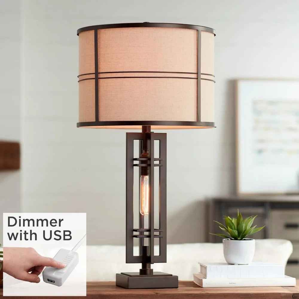 Elias Industrial Rustic Table Lamp with Port Nightlight 28" Tall Oil-Rubbed Bronze Metal Oatmeal Fabric Drum Shade Living Room