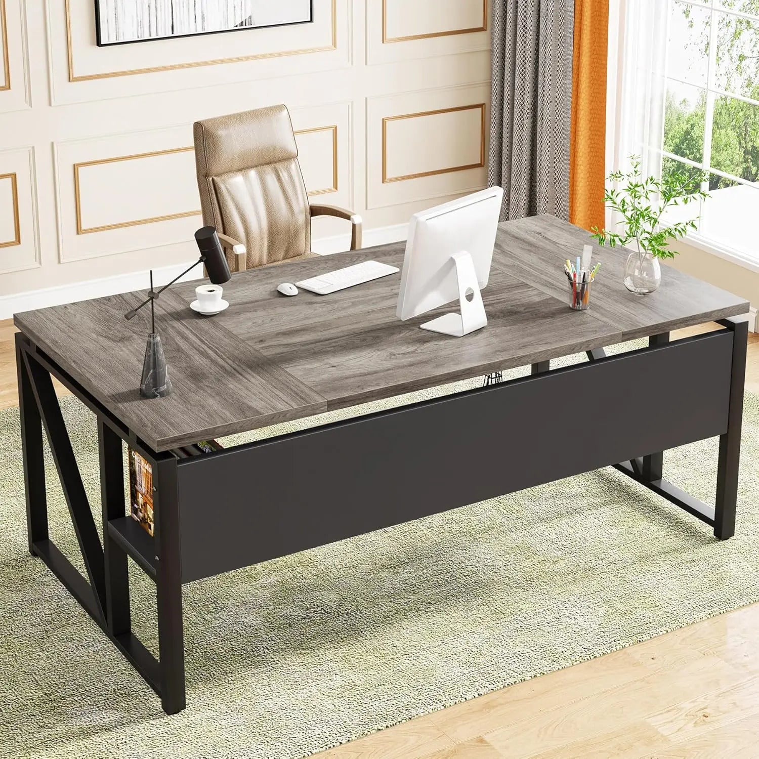 63" Computer Desk with Shelf, Home Office Writing Workstation, Dark Walnut Steel Frame, No Cabinet, Customized